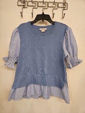 Nanette Lepore Blue Striped Layered Twofer Knit Top Puff Sleeve Peplum Large